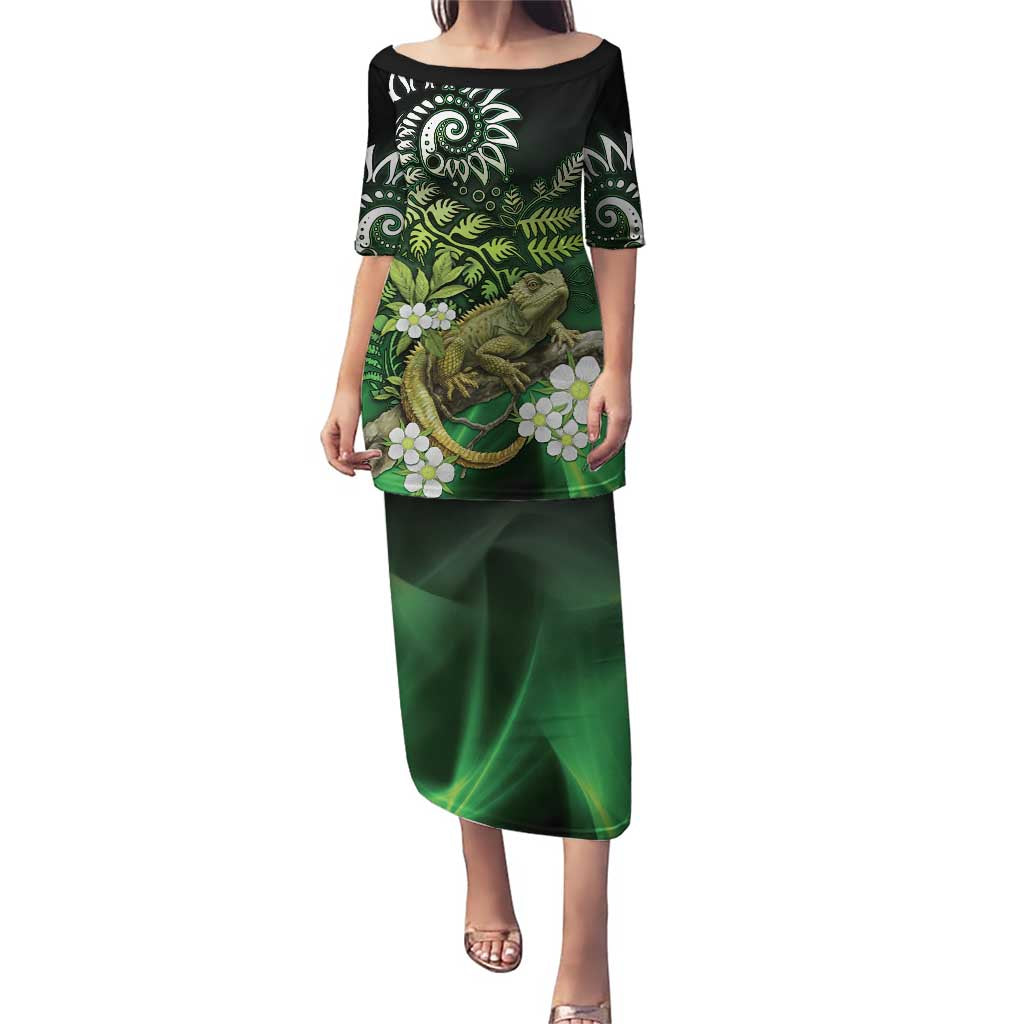 Aotearoa New Zealand Tuatara Puletasi Maori Koru Art LT05 Long Dress Green - Polynesian Pride
