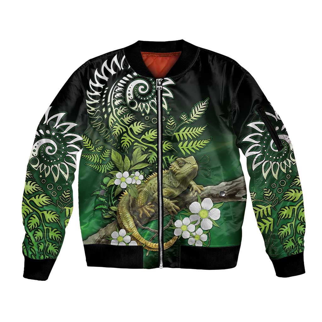 Aotearoa New Zealand Tuatara Sleeve Zip Bomber Jacket Maori Koru Art