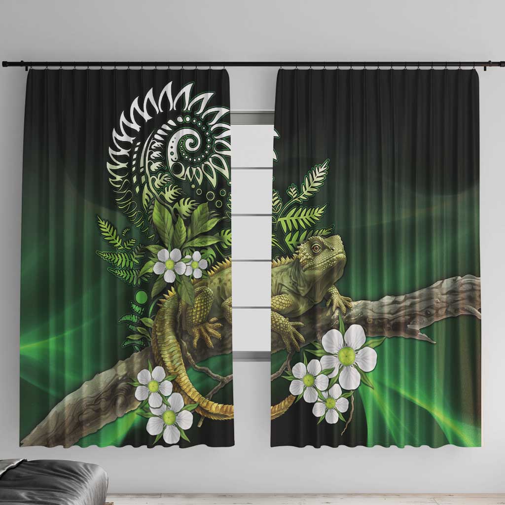 Aotearoa New Zealand Tuatara Window Curtain Maori Koru Art LT05 With Hooks Green - Polynesian Pride