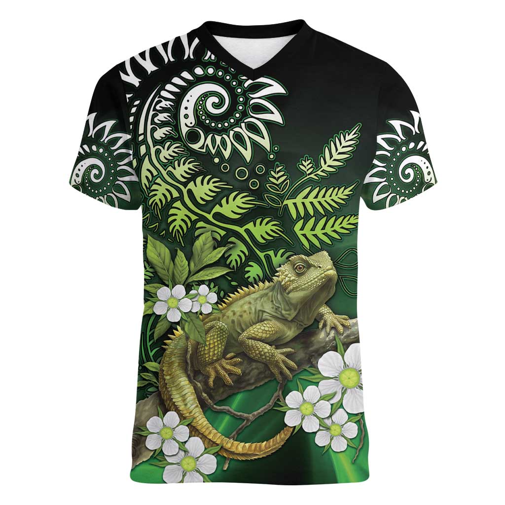 Aotearoa New Zealand Tuatara Women V-Neck T-Shirt Maori Koru Art