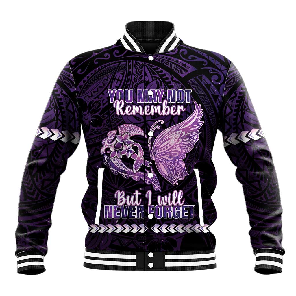 Personalised Alzheimer's Awareness Baseball Jacket You May Not Remember But I Will Never Forget LT05 Unisex Purple - Polynesian Pride