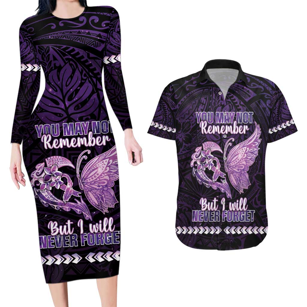 Personalised Alzheimer's Awareness Couples Matching Long Sleeve Bodycon Dress and Hawaiian Shirt You May Not Remember But I Will Never Forget LT05 Purple - Polynesian Pride
