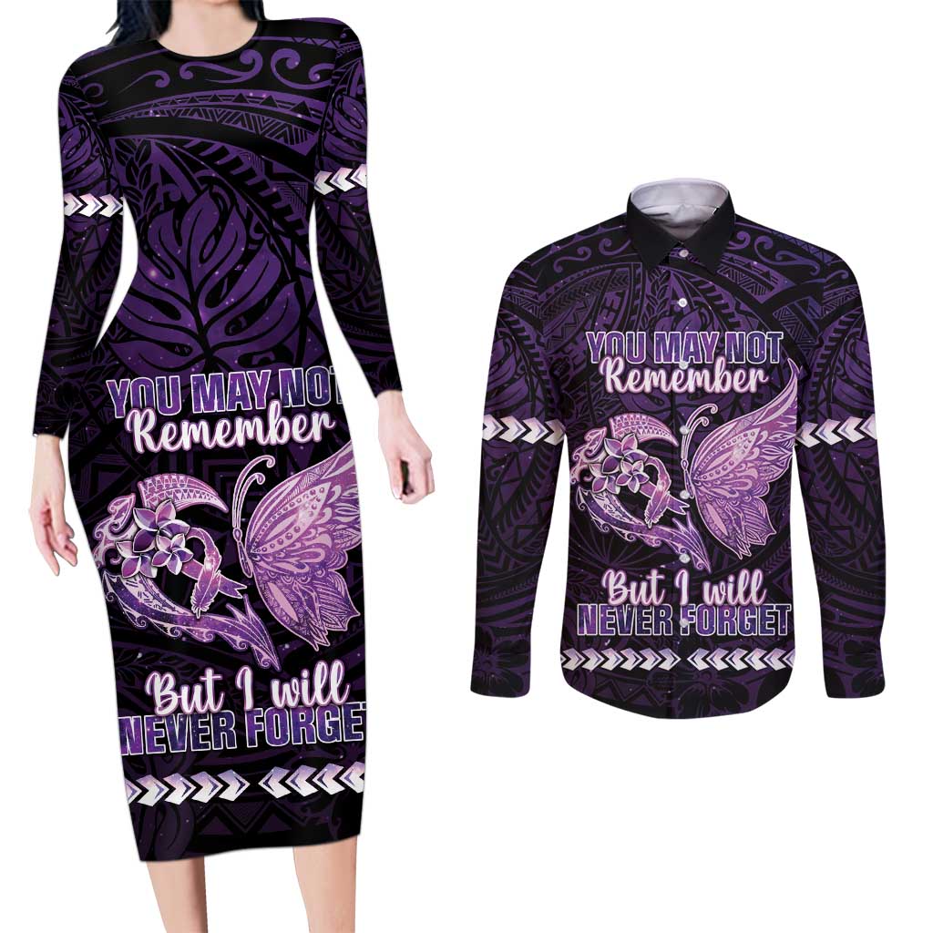 Personalised Alzheimer's Awareness Couples Matching Long Sleeve Bodycon Dress and Long Sleeve Button Shirt You May Not Remember But I Will Never Forget LT05 Purple - Polynesian Pride