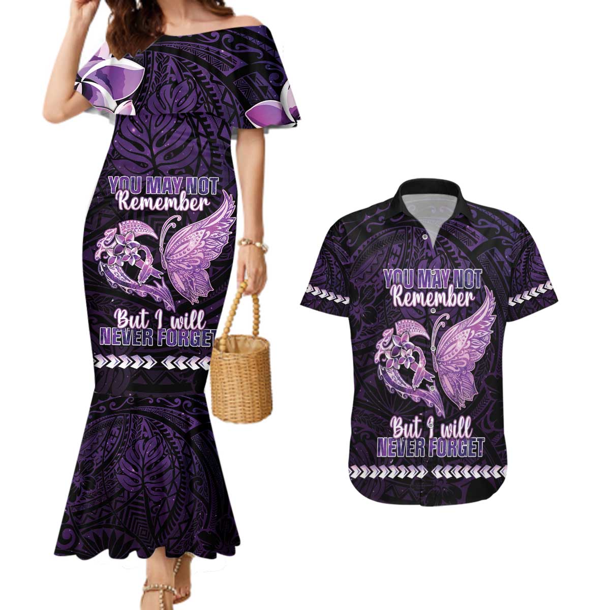 Personalised Alzheimer's Awareness Couples Matching Mermaid Dress and Hawaiian Shirt You May Not Remember But I Will Never Forget