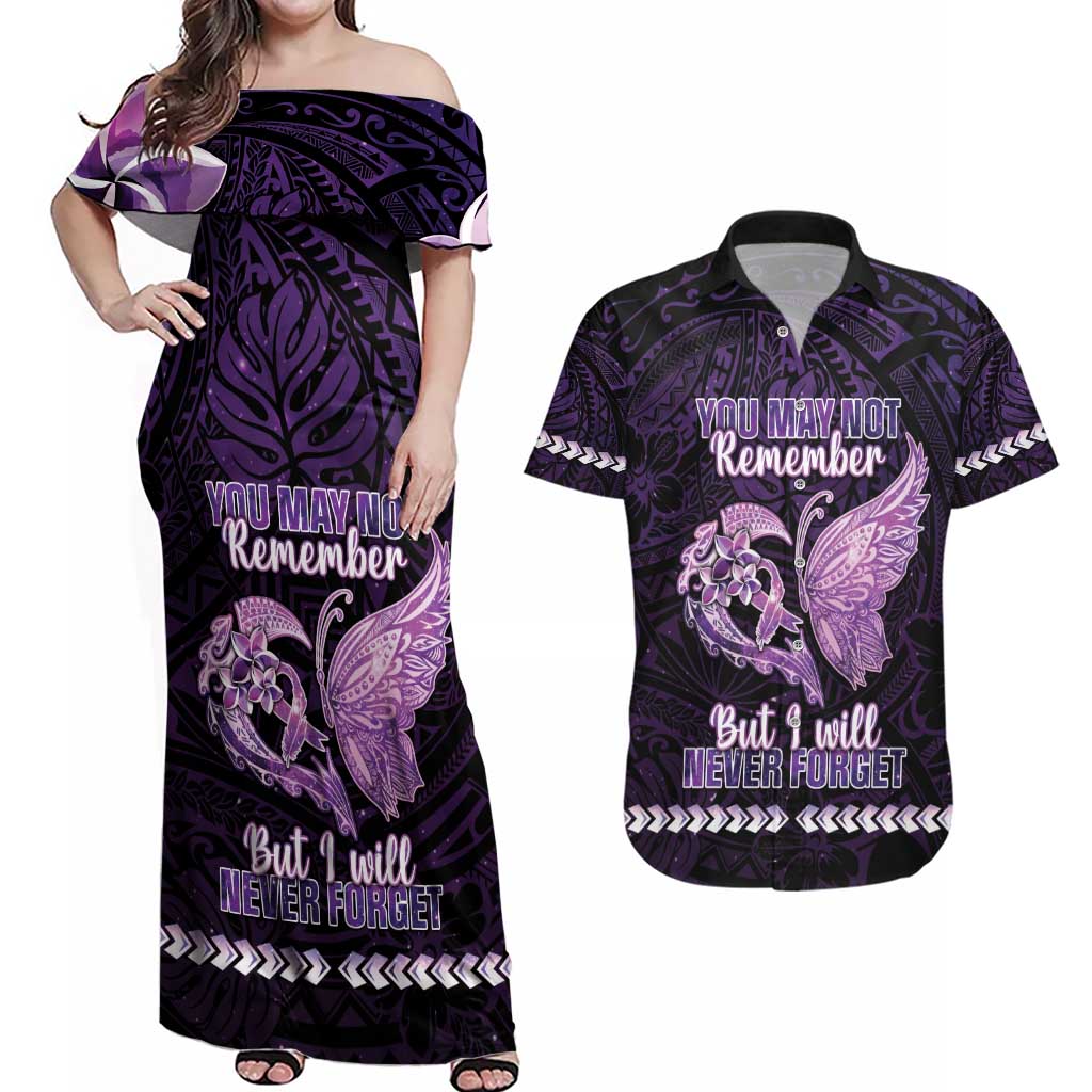 Personalised Alzheimer's Awareness Couples Matching Off Shoulder Maxi Dress and Hawaiian Shirt You May Not Remember But I Will Never Forget