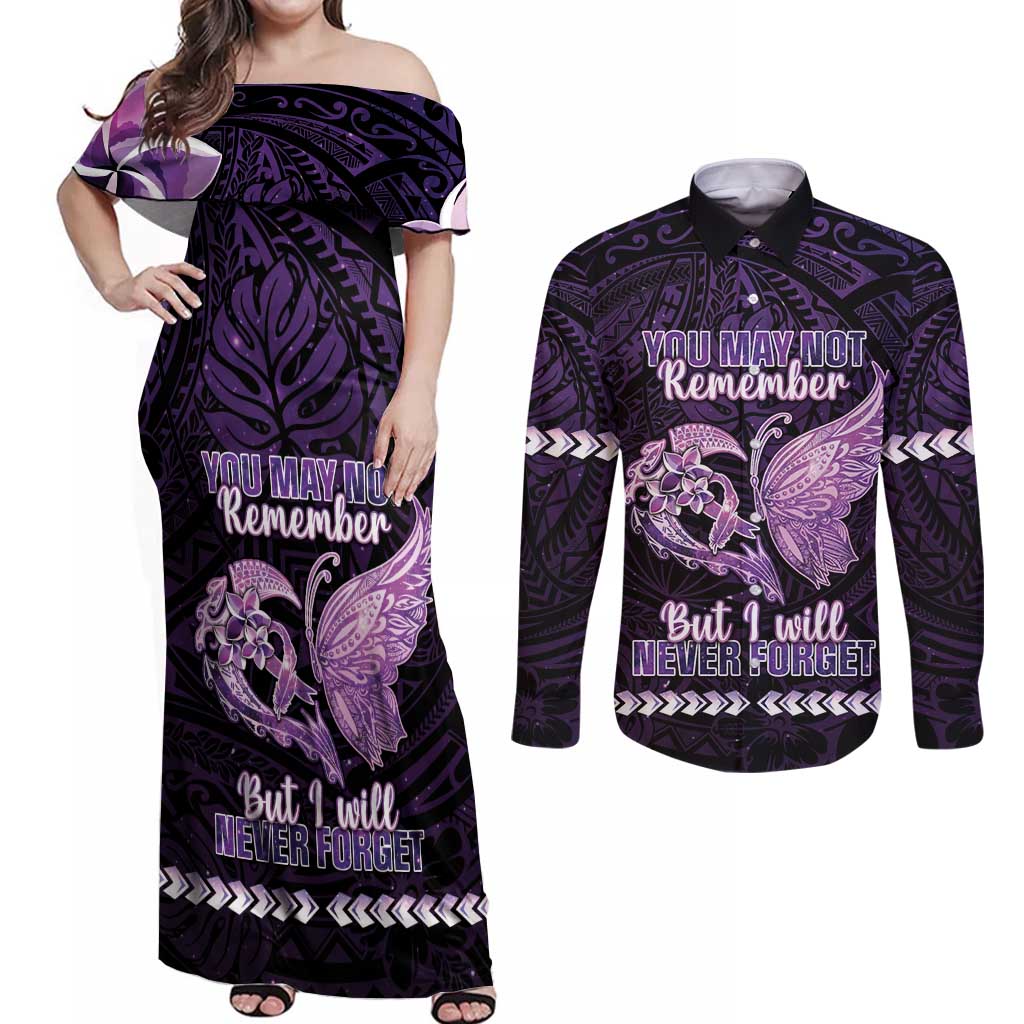 Personalised Alzheimer's Awareness Couples Matching Off Shoulder Maxi Dress and Long Sleeve Button Shirt You May Not Remember But I Will Never Forget LT05 Purple - Polynesian Pride
