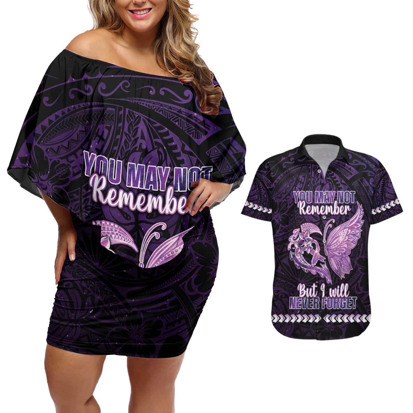 Personalised Alzheimer's Awareness Couples Matching Off Shoulder Short Dress and Hawaiian Shirt You May Not Remember But I Will Never Forget LT05 Purple - Polynesian Pride