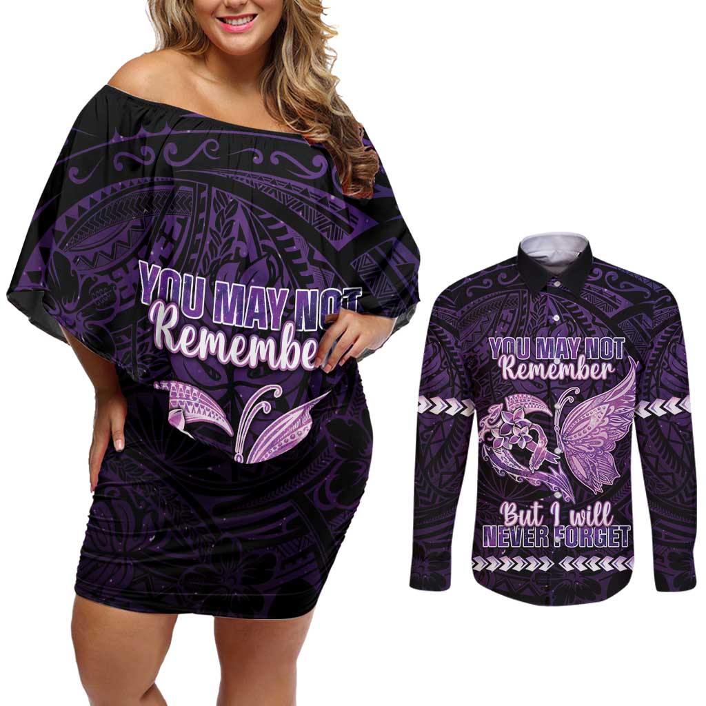 Personalised Alzheimer's Awareness Couples Matching Off Shoulder Short Dress and Long Sleeve Button Shirt You May Not Remember But I Will Never Forget LT05 Purple - Polynesian Pride