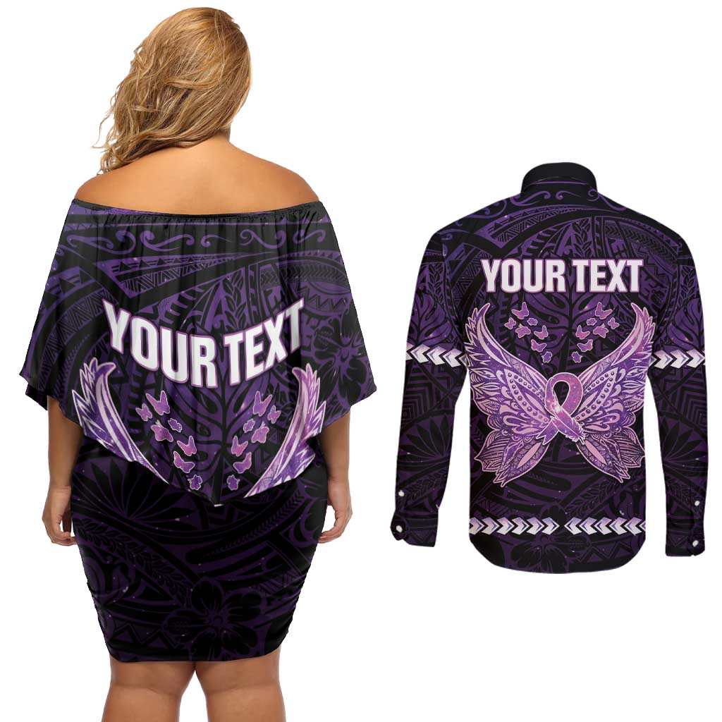 Personalised Alzheimer's Awareness Couples Matching Off Shoulder Short Dress and Long Sleeve Button Shirt You May Not Remember But I Will Never Forget LT05 - Polynesian Pride