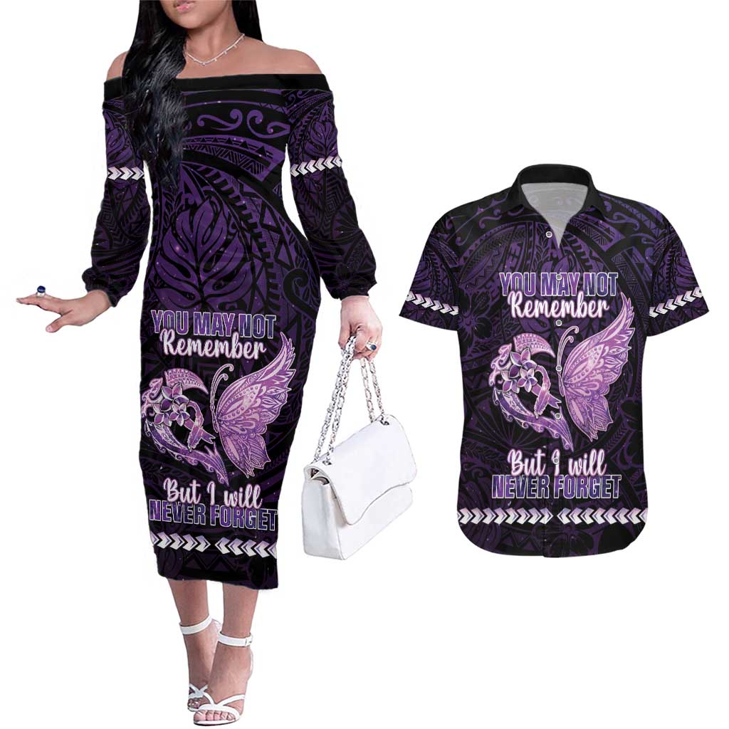 Personalised Alzheimer's Awareness Couples Matching Off The Shoulder Long Sleeve Dress and Hawaiian Shirt You May Not Remember But I Will Never Forget LT05 Purple - Polynesian Pride