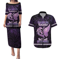 Personalised Alzheimer's Awareness Couples Matching Puletasi and Hawaiian Shirt You May Not Remember But I Will Never Forget LT05 Purple - Polynesian Pride