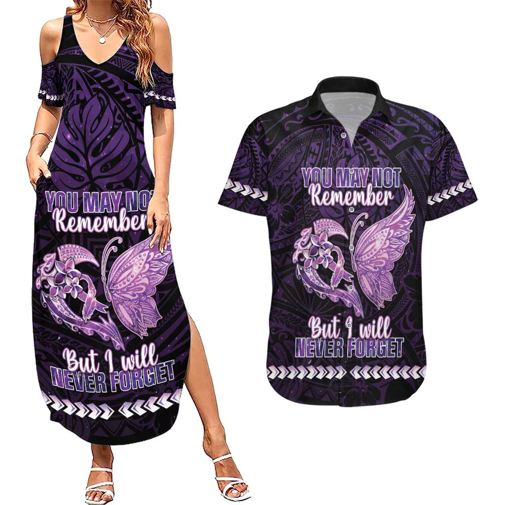 Personalised Alzheimer's Awareness Couples Matching Summer Maxi Dress and Hawaiian Shirt You May Not Remember But I Will Never Forget LT05 Purple - Polynesian Pride