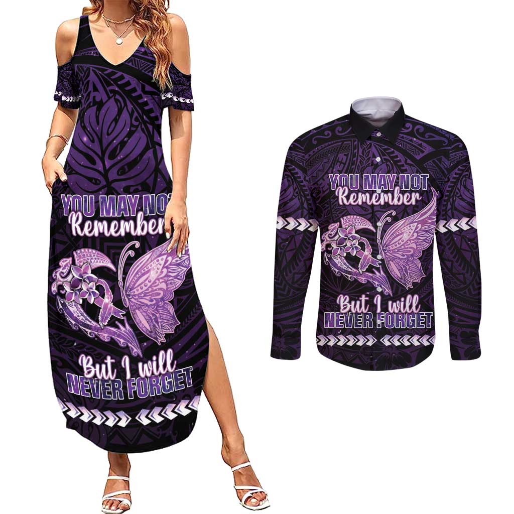 Personalised Alzheimer's Awareness Couples Matching Summer Maxi Dress and Long Sleeve Button Shirt You May Not Remember But I Will Never Forget LT05 Purple - Polynesian Pride