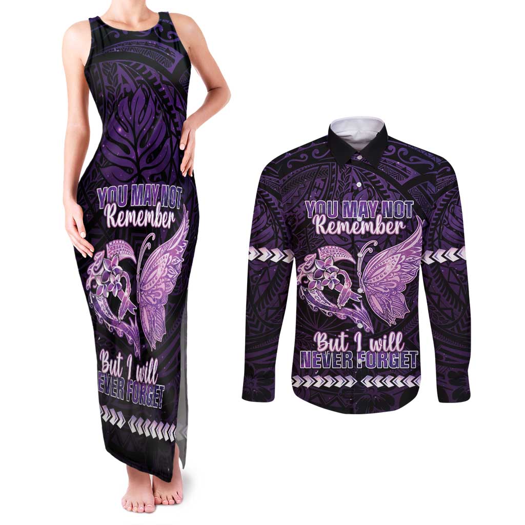 Personalised Alzheimer's Awareness Couples Matching Tank Maxi Dress and Long Sleeve Button Shirt You May Not Remember But I Will Never Forget LT05 Purple - Polynesian Pride