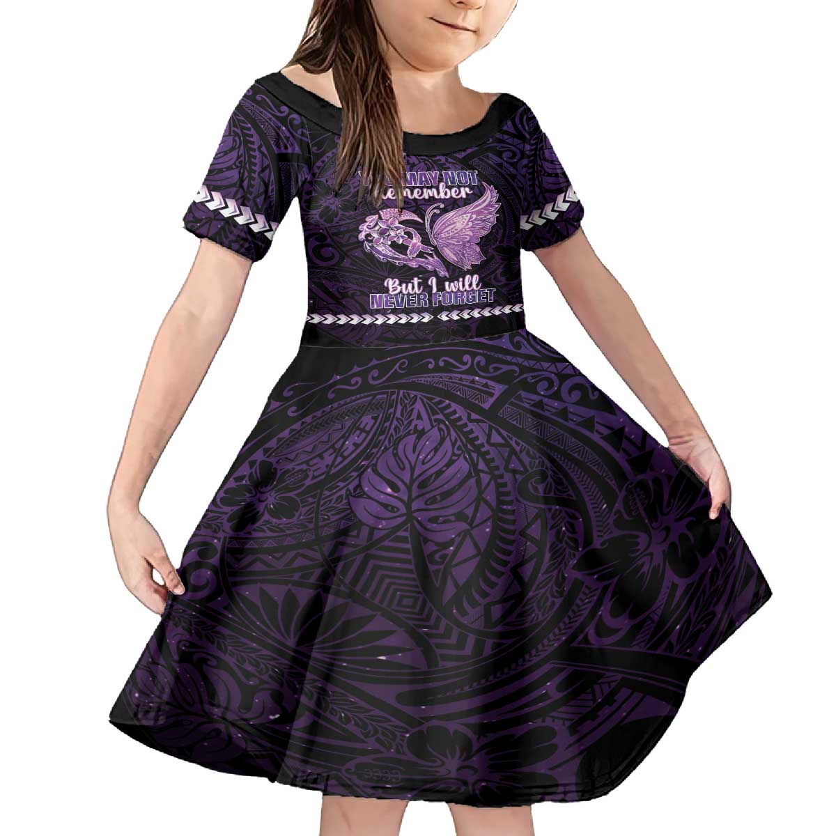 Personalised Alzheimer's Awareness Family Matching Off The Shoulder Long Sleeve Dress and Hawaiian Shirt You May Not Remember But I Will Never Forget LT05 Daughter's Dress Purple - Polynesian Pride