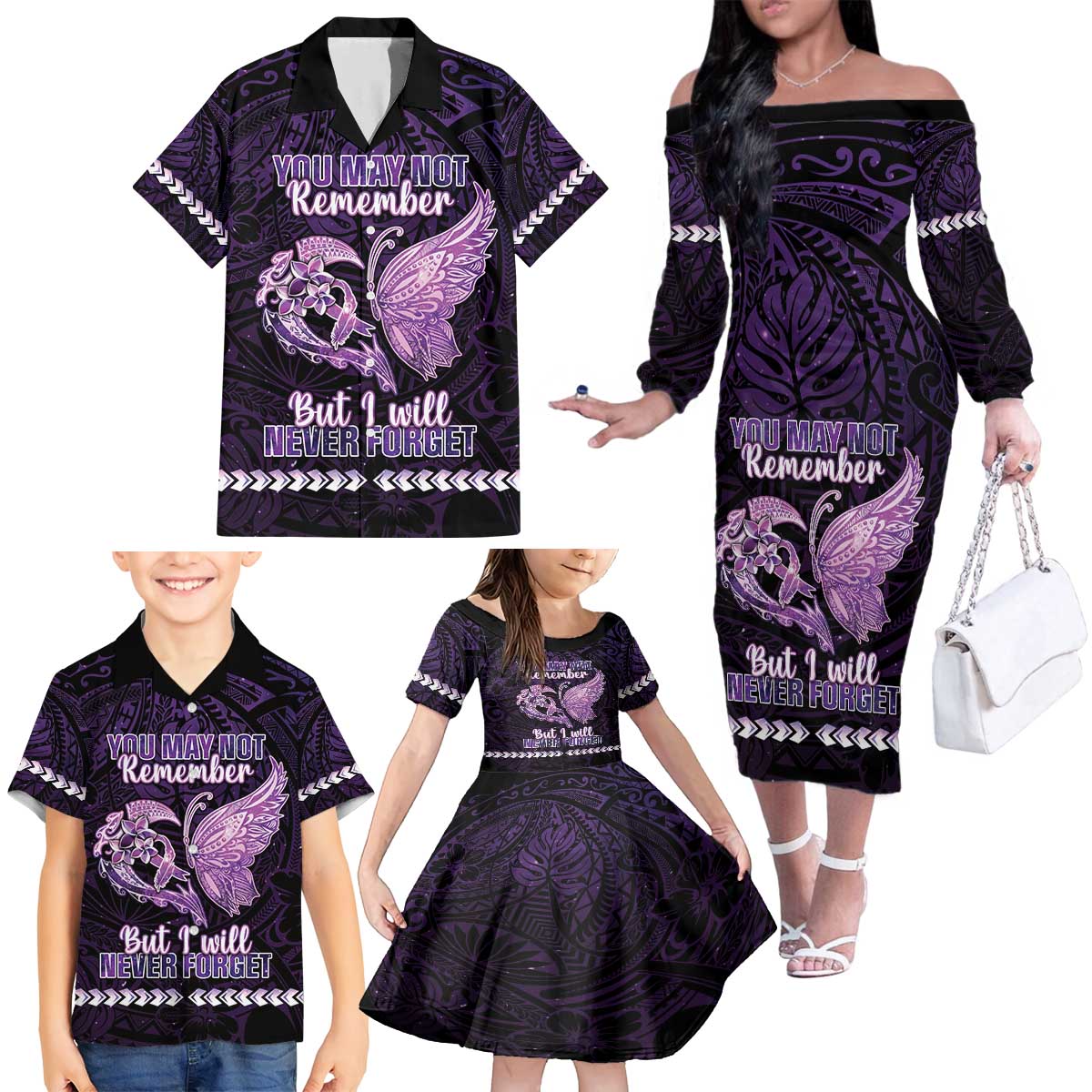 Personalised Alzheimer's Awareness Family Matching Off The Shoulder Long Sleeve Dress and Hawaiian Shirt You May Not Remember But I Will Never Forget