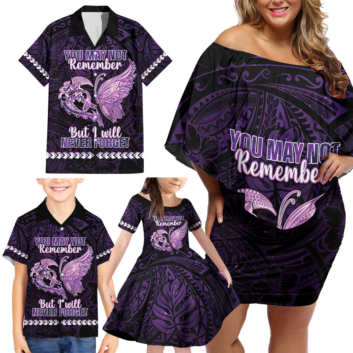 Personalised Alzheimer's Awareness Family Matching Off Shoulder Short Dress and Hawaiian Shirt You May Not Remember But I Will Never Forget LT05 - Polynesian Pride