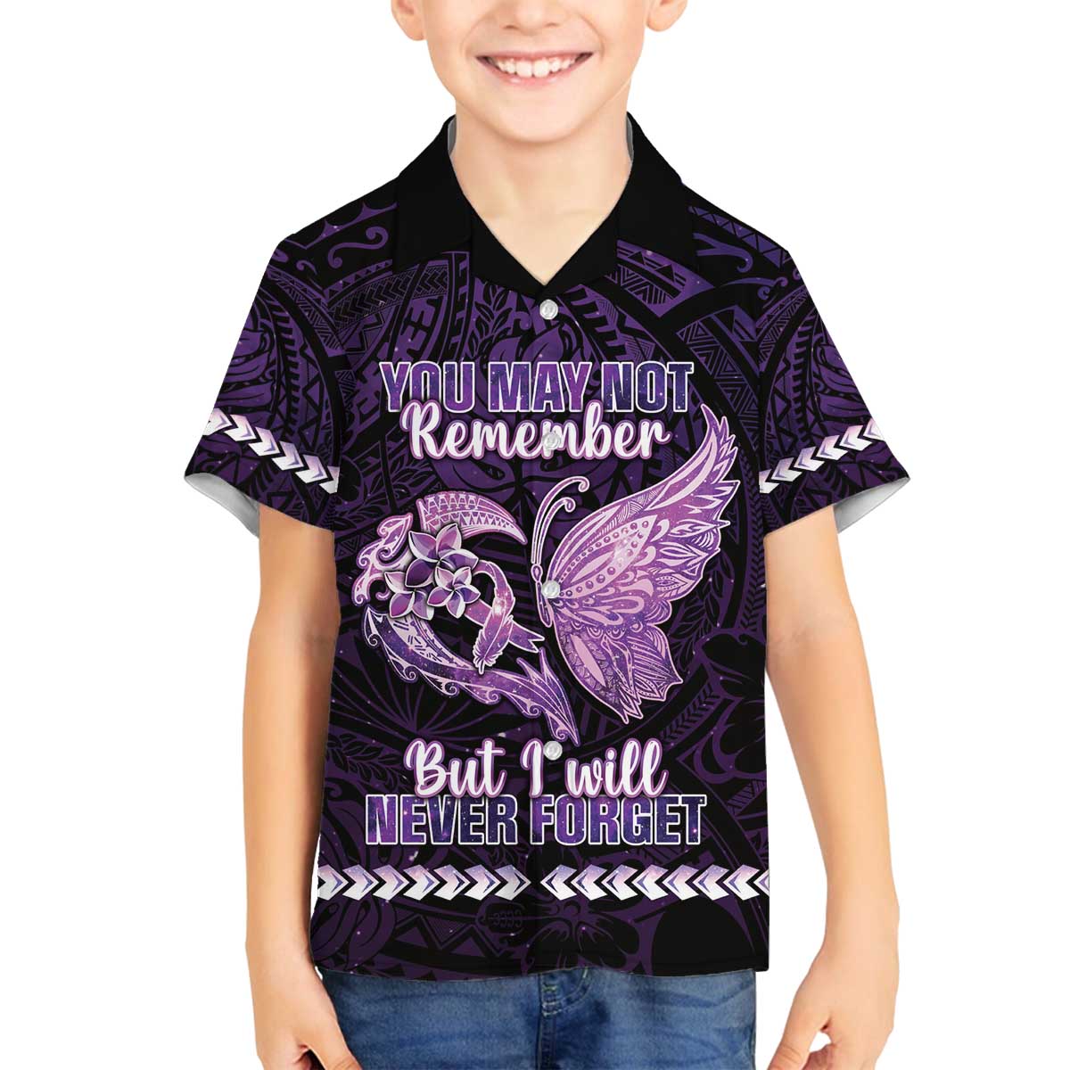Personalised Alzheimer's Awareness Family Matching Off Shoulder Short Dress and Hawaiian Shirt You May Not Remember But I Will Never Forget