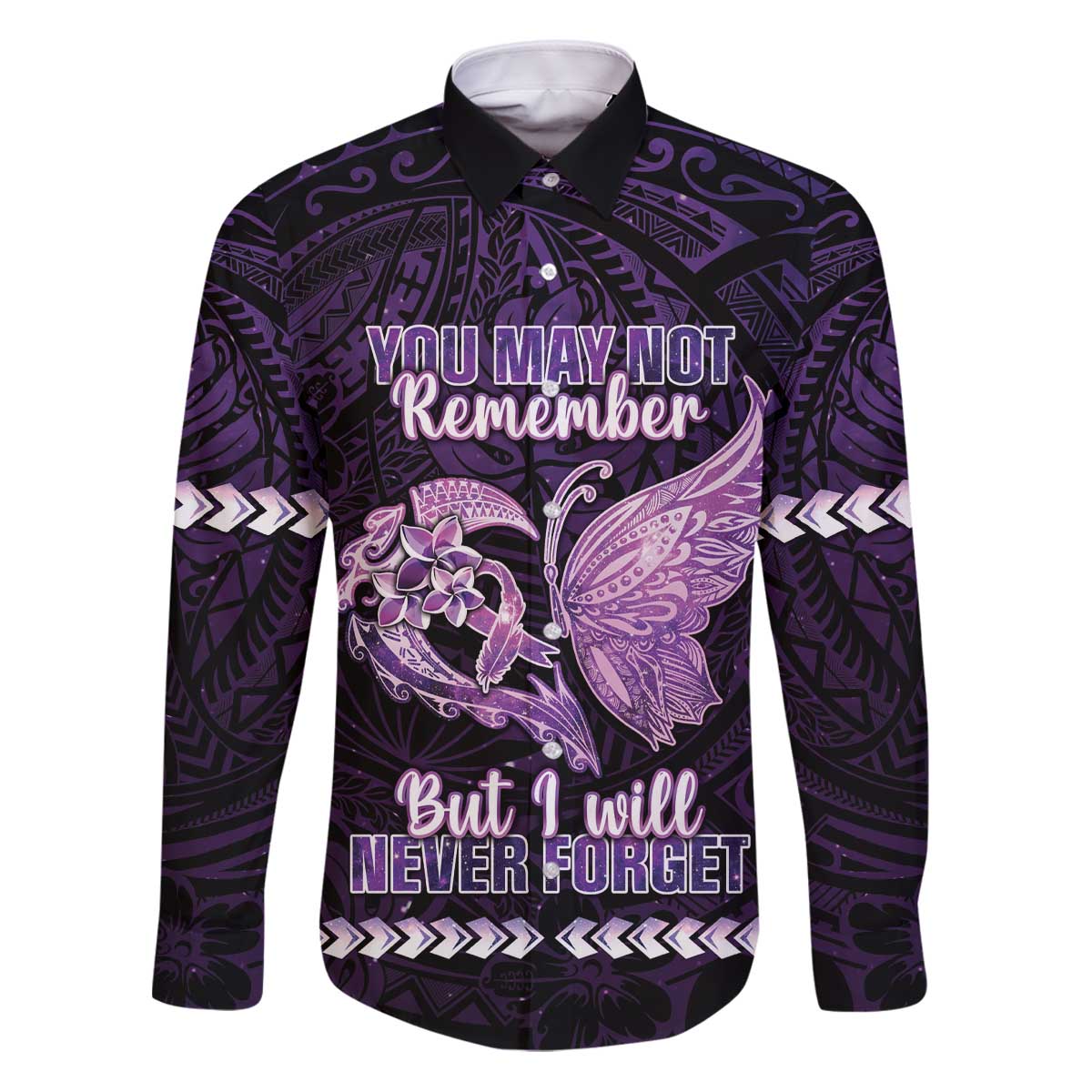 Personalised Alzheimer's Awareness Family Matching Puletasi and Hawaiian Shirt You May Not Remember But I Will Never Forget LT05 Dad's Shirt - Long Sleeve Purple - Polynesian Pride