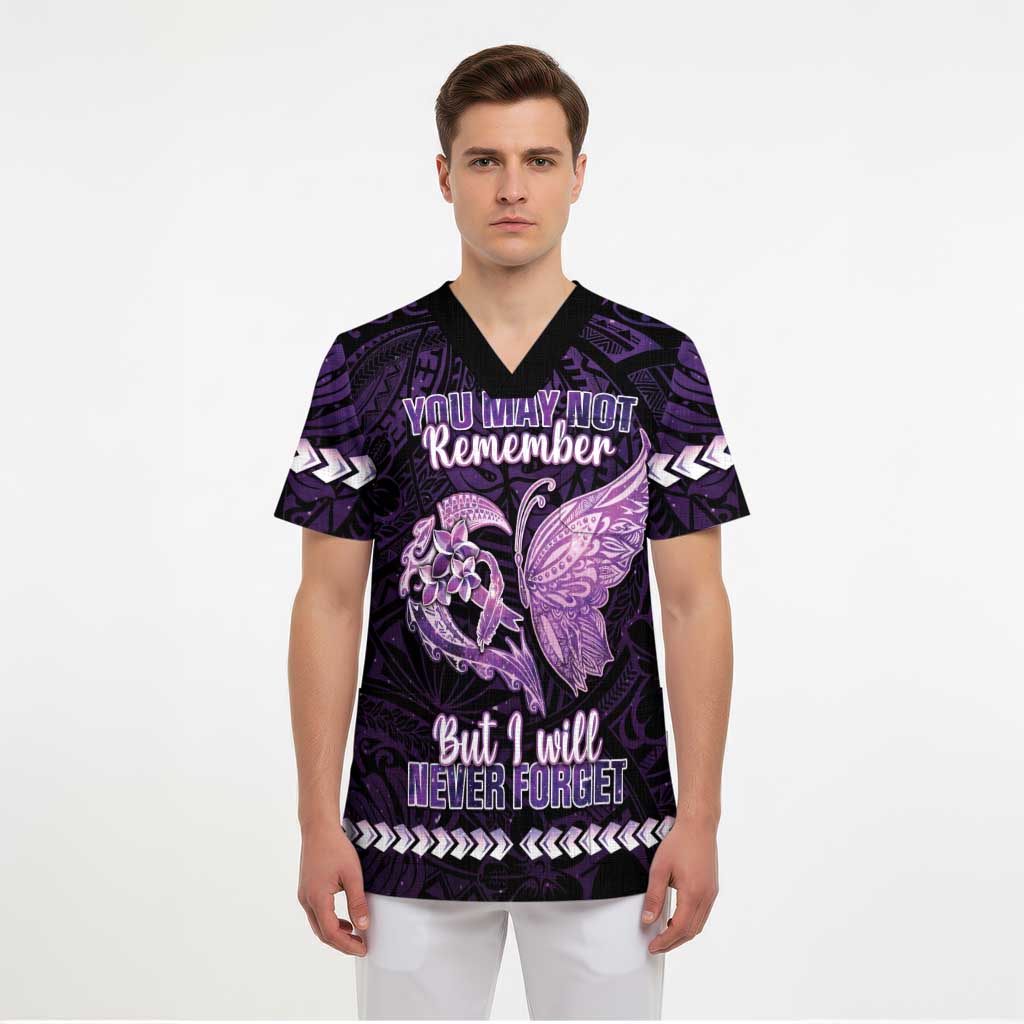 Personalised Alzheimer's Awareness Scrub Top You May Not Remember But I Will Never Forget - Polynesian Pride