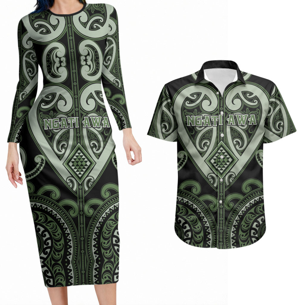Custom Aotearoa Ngati Awa Couples Matching Long Sleeve Bodycon Dress and Hawaiian Shirt Maori Tribal Pattern LT05 Green - Polynesian Pride