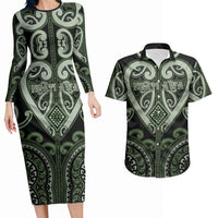 Custom Aotearoa Ngati Awa Couples Matching Long Sleeve Bodycon Dress and Hawaiian Shirt Maori Tribal Pattern LT05 Green - Polynesian Pride