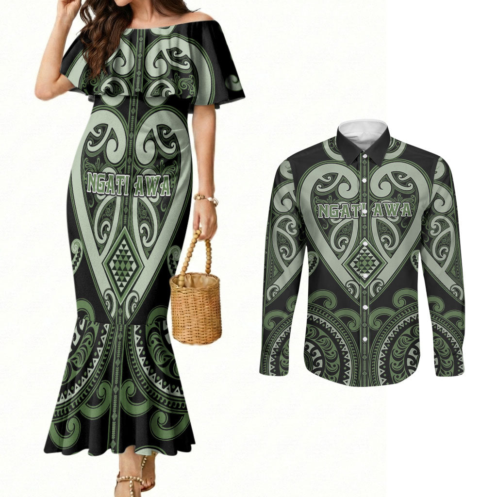 Custom Aotearoa Ngati Awa Couples Matching Mermaid Dress and Long Sleeve Button Shirt Maori Tribal Pattern LT05 Green - Polynesian Pride