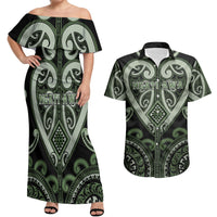 Custom Aotearoa Ngati Awa Couples Matching Off Shoulder Maxi Dress and Hawaiian Shirt Maori Tribal Pattern LT05 Green - Polynesian Pride