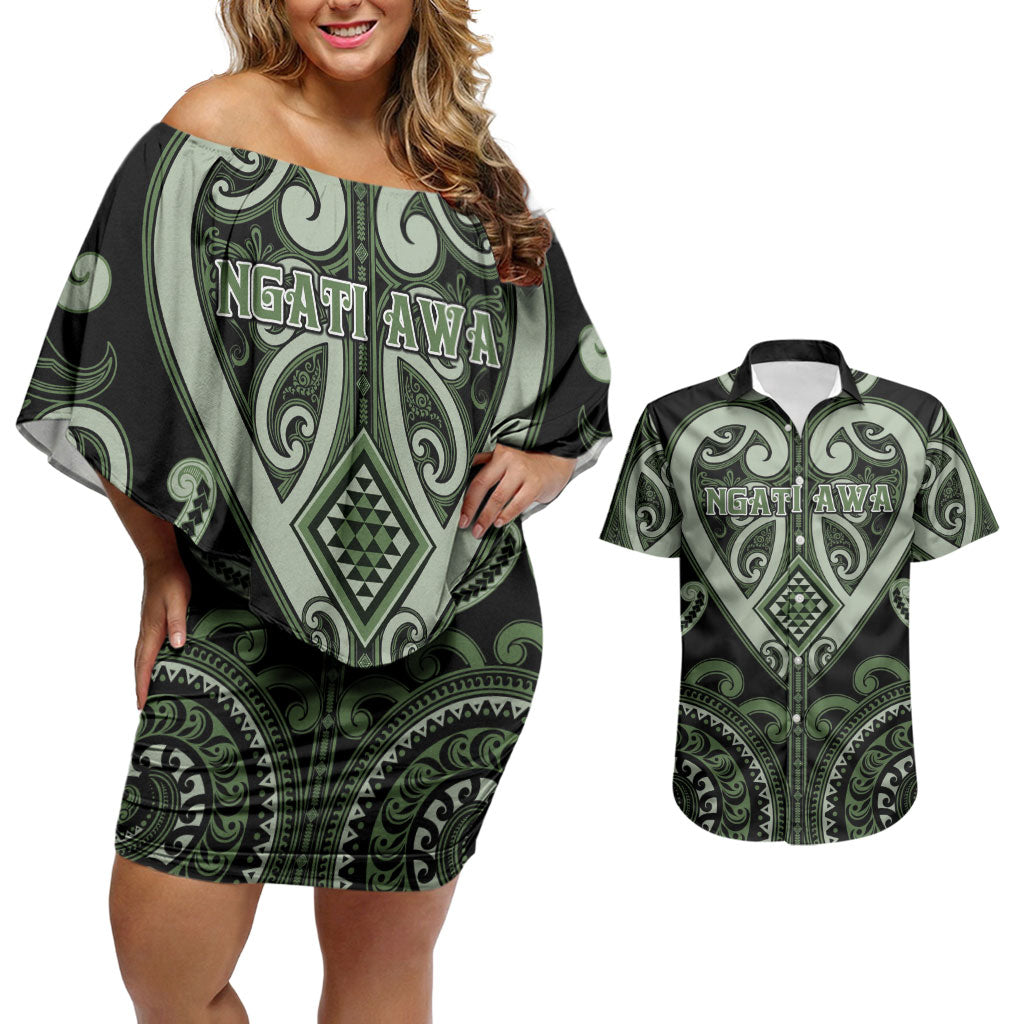 Custom Aotearoa Ngati Awa Couples Matching Off Shoulder Short Dress and Hawaiian Shirt Maori Tribal Pattern LT05 Green - Polynesian Pride