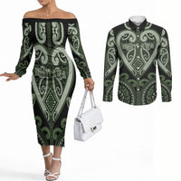 Custom Aotearoa Ngati Awa Couples Matching Off The Shoulder Long Sleeve Dress and Long Sleeve Button Shirt Maori Tribal Pattern LT05 Green - Polynesian Pride