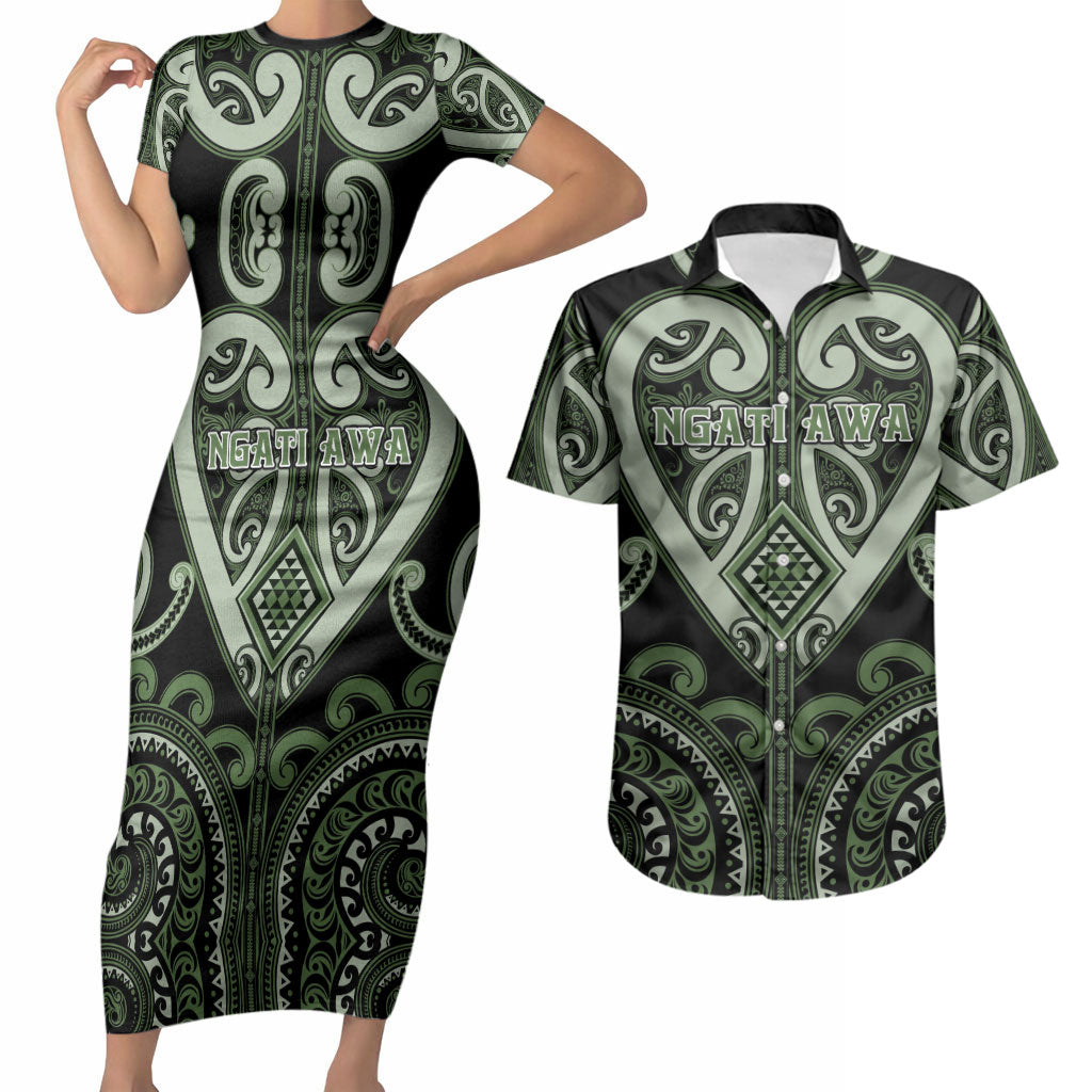 Custom Aotearoa Ngati Awa Couples Matching Short Sleeve Bodycon Dress and Hawaiian Shirt Maori Tribal Pattern LT05 Green - Polynesian Pride