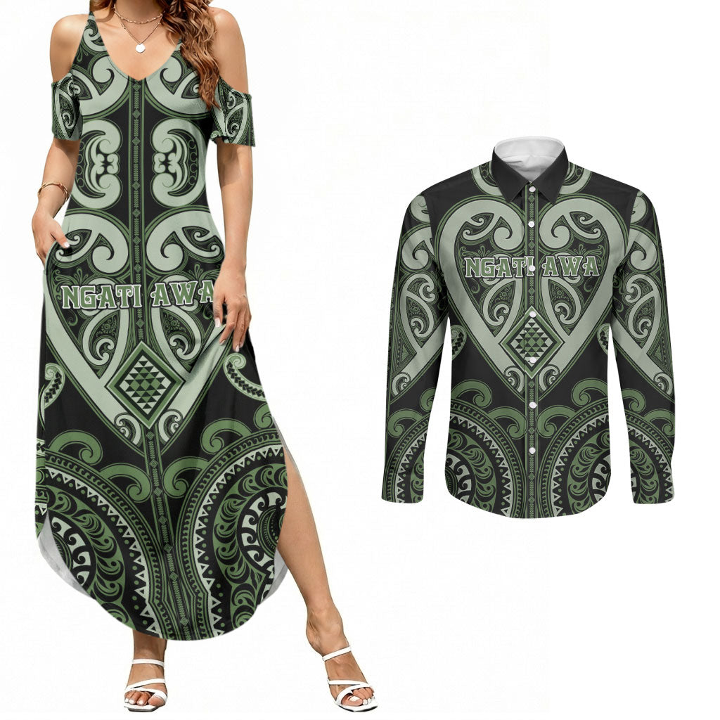Custom Aotearoa Ngati Awa Couples Matching Summer Maxi Dress and Long Sleeve Button Shirt Maori Tribal Pattern LT05 Green - Polynesian Pride