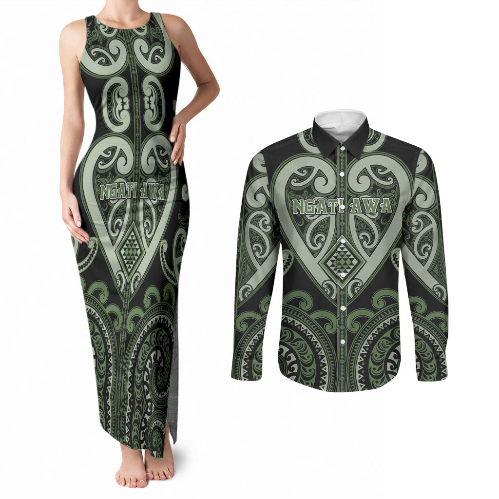 Custom Aotearoa Ngati Awa Couples Matching Tank Maxi Dress and Long Sleeve Button Shirt Maori Tribal Pattern LT05 Green - Polynesian Pride