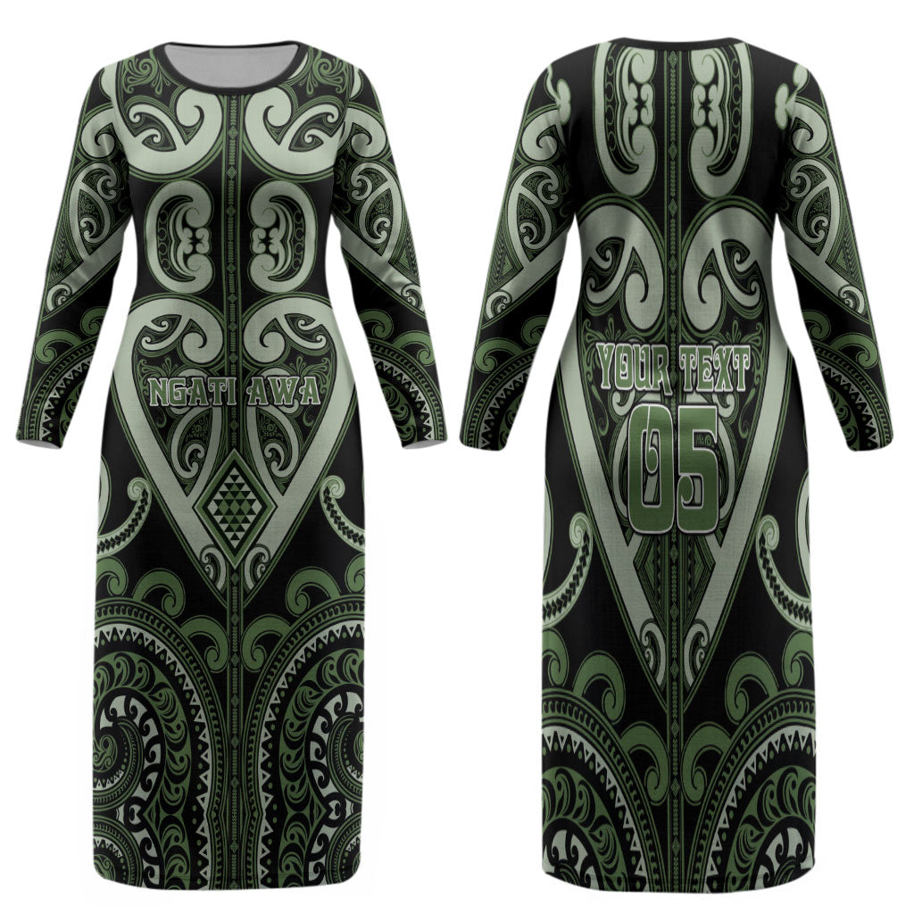 Custom Aotearoa Ngati Awa Family Matching Long Sleeve Bodycon Dress and Hawaiian Shirt Maori Tribal Pattern LT05 Mom's Dress Green - Polynesian Pride