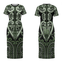 Custom Aotearoa Ngati Awa Family Matching Short Sleeve Bodycon Dress and Hawaiian Shirt Maori Tribal Pattern LT05 Mom's Dress Green - Polynesian Pride