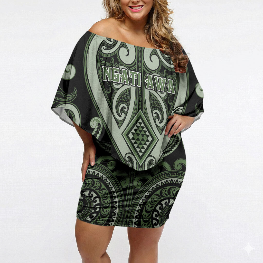 Custom Aotearoa Ngati Awa Off Shoulder Short Dress Maori Tribal Pattern LT05 Women Green - Polynesian Pride