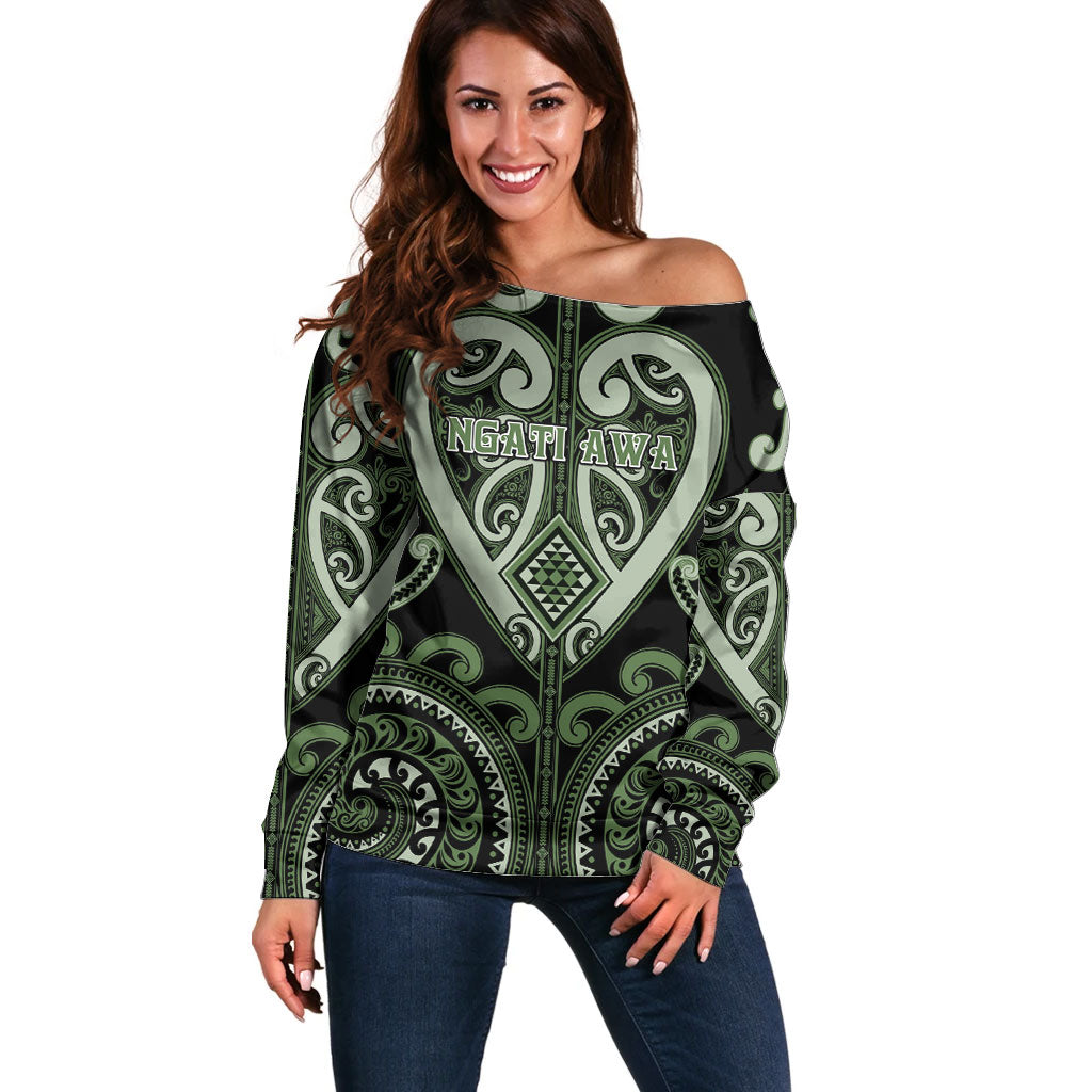 Custom Aotearoa Ngati Awa Off Shoulder Sweater Maori Tribal Pattern LT05 Women Green - Polynesian Pride