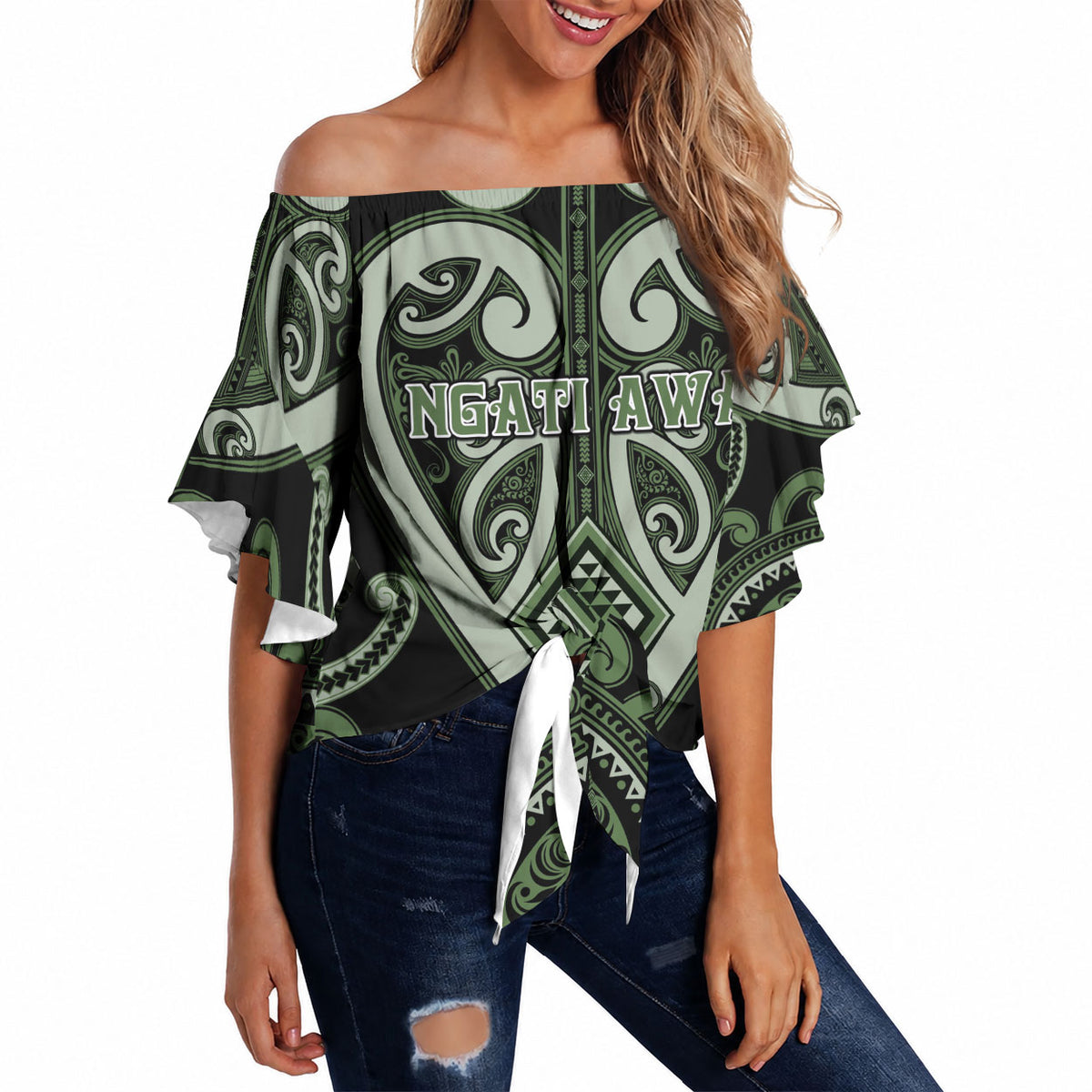 Custom Aotearoa Ngati Awa Off Shoulder Wrap Waist Top Maori Tribal Pattern LT05 Green - Polynesian Pride