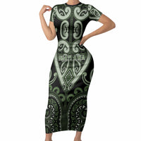 Custom Aotearoa Ngati Awa Short Sleeve Bodycon Dress Maori Tribal Pattern LT05 Long Dress Green - Polynesian Pride