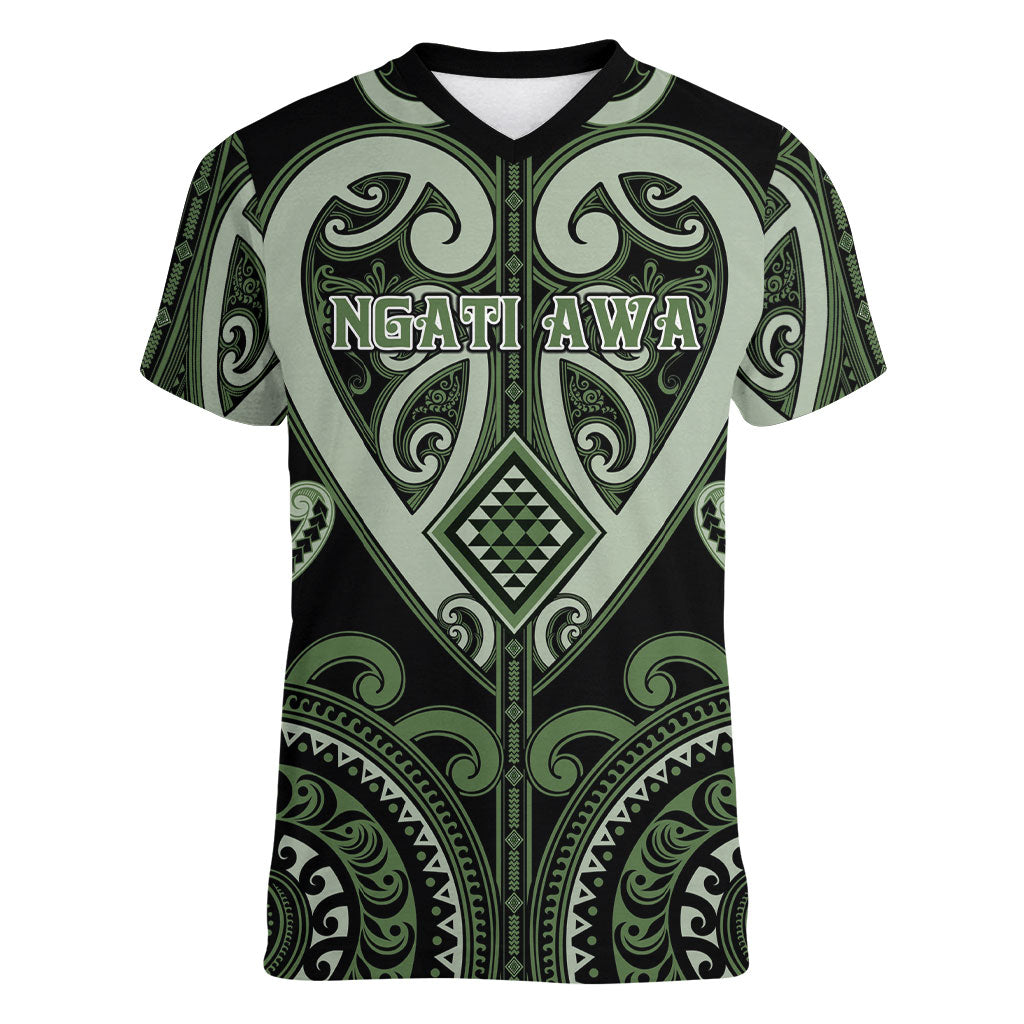 Custom Aotearoa Ngati Awa Women V-Neck T-Shirt Maori Tribal Pattern LT05 Female Green - Polynesian Pride
