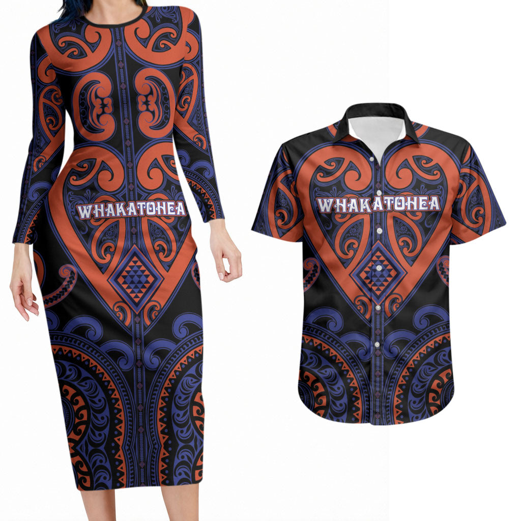 Custom Aotearoa Whakatohea Couples Matching Long Sleeve Bodycon Dress and Hawaiian Shirt Maori Tribal Pattern LT05 Navy - Polynesian Pride