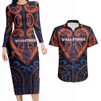 Custom Aotearoa Whakatohea Couples Matching Long Sleeve Bodycon Dress and Hawaiian Shirt Maori Tribal Pattern LT05 Navy - Polynesian Pride