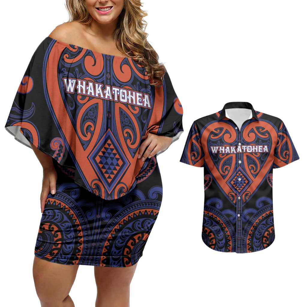 Custom Aotearoa Whakatohea Couples Matching Off Shoulder Short Dress and Hawaiian Shirt Maori Tribal Pattern LT05 Navy - Polynesian Pride