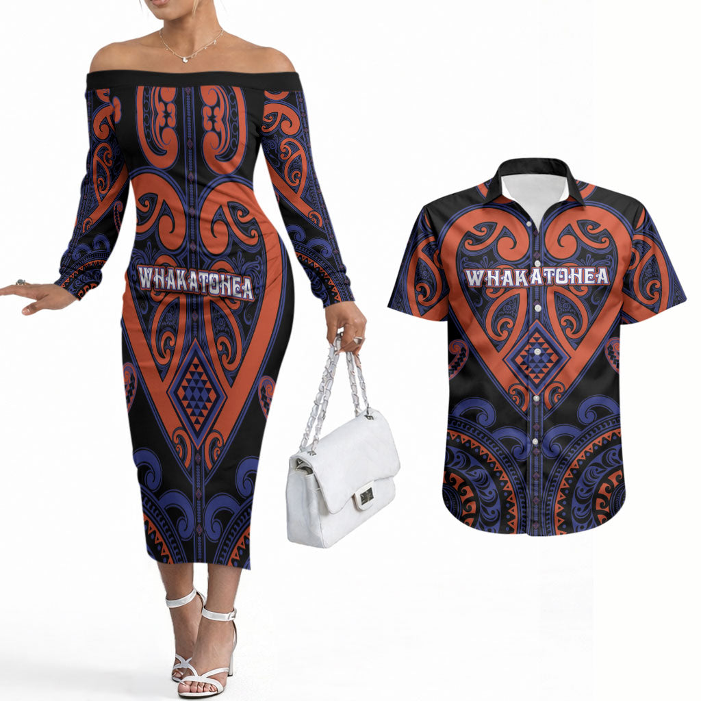 Custom Aotearoa Whakatohea Couples Matching Off The Shoulder Long Sleeve Dress and Hawaiian Shirt Maori Tribal Pattern LT05 Navy - Polynesian Pride