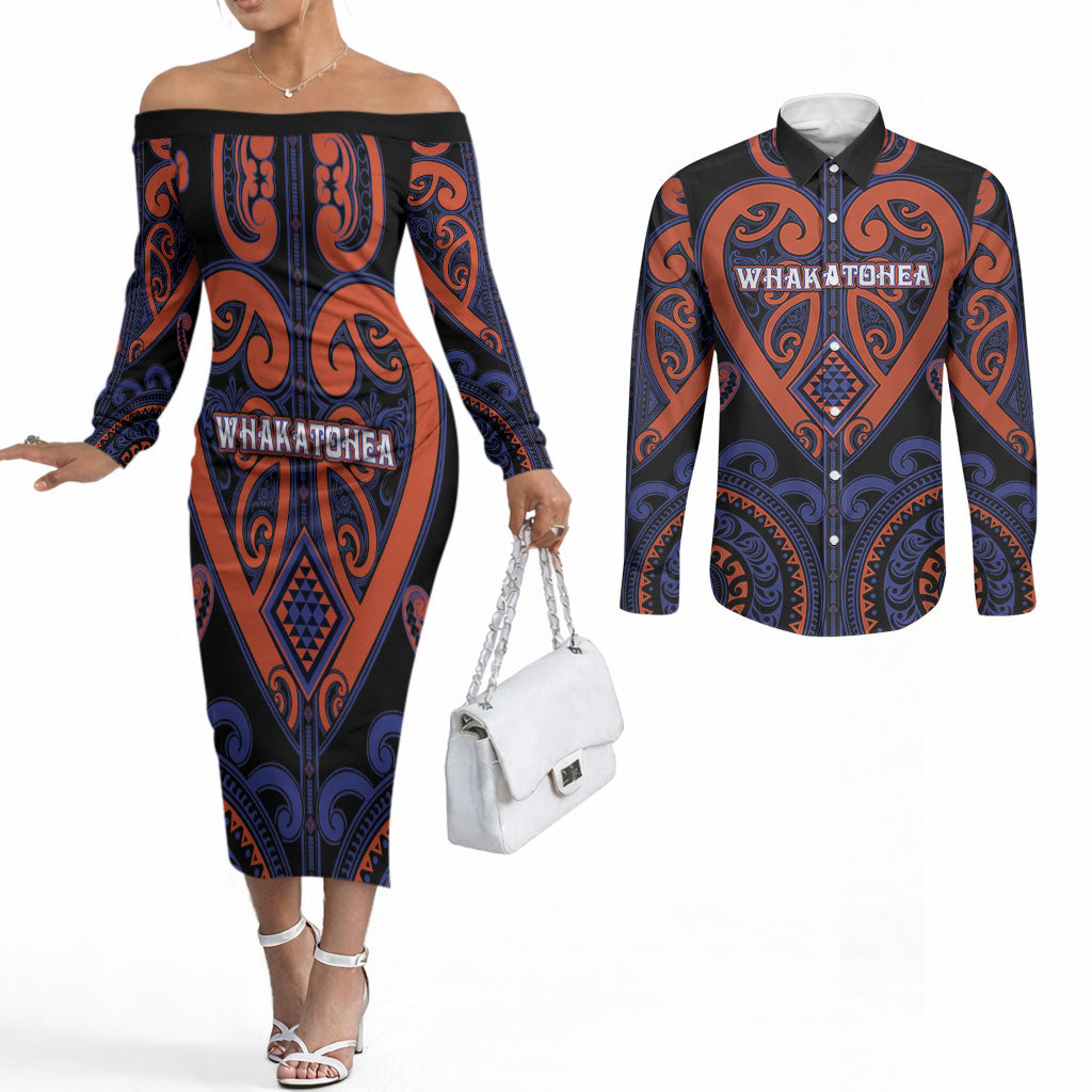 Custom Aotearoa Whakatohea Couples Matching Off The Shoulder Long Sleeve Dress and Long Sleeve Button Shirt Maori Tribal Pattern LT05 Navy - Polynesian Pride