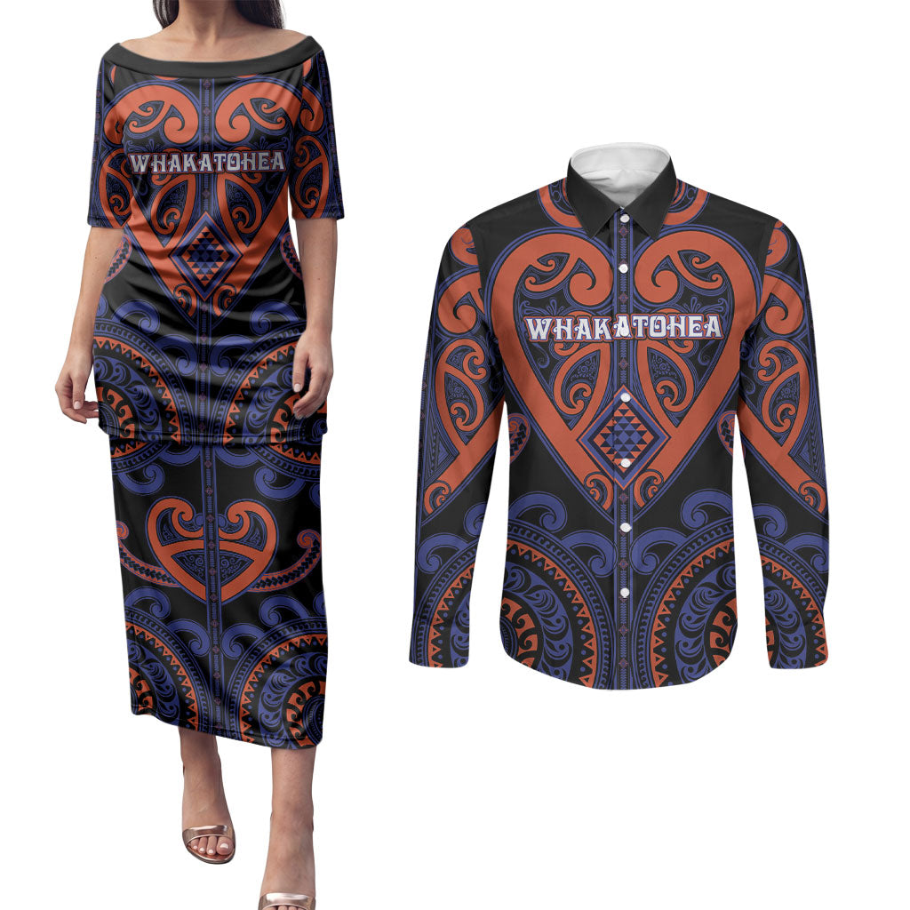 Custom Aotearoa Whakatohea Couples Matching Puletasi and Long Sleeve Button Shirt Maori Tribal Pattern LT05 Navy - Polynesian Pride