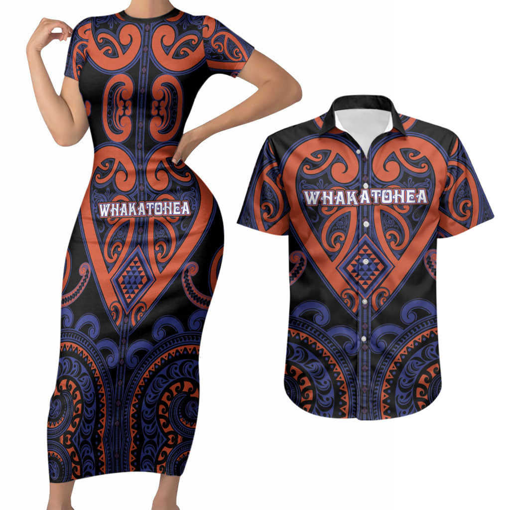 Custom Aotearoa Whakatohea Couples Matching Short Sleeve Bodycon Dress and Hawaiian Shirt Maori Tribal Pattern LT05 Navy - Polynesian Pride