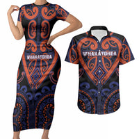 Custom Aotearoa Whakatohea Couples Matching Short Sleeve Bodycon Dress and Hawaiian Shirt Maori Tribal Pattern LT05 Navy - Polynesian Pride