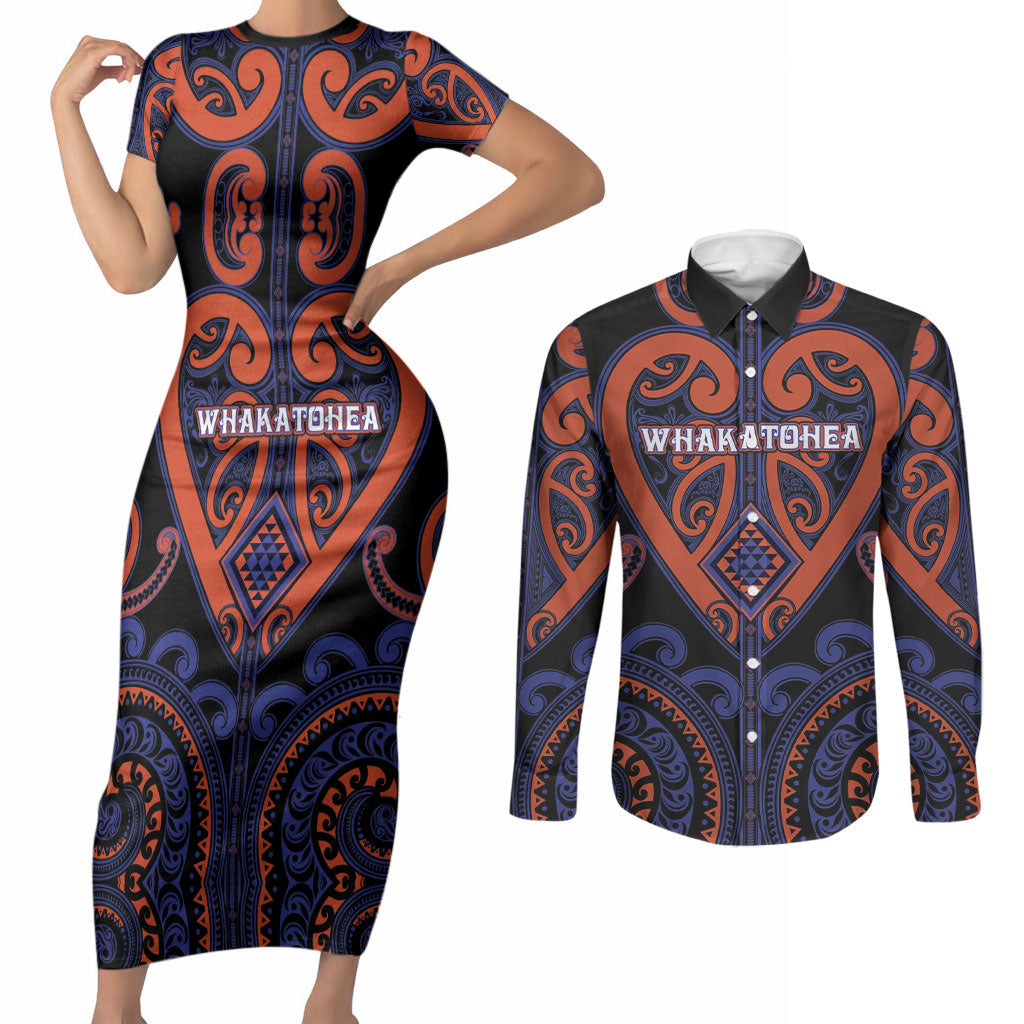 Custom Aotearoa Whakatohea Couples Matching Short Sleeve Bodycon Dress and Long Sleeve Button Shirt Maori Tribal Pattern LT05 Navy - Polynesian Pride