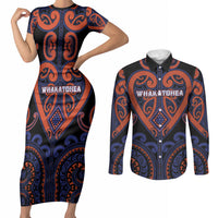 Custom Aotearoa Whakatohea Couples Matching Short Sleeve Bodycon Dress and Long Sleeve Button Shirt Maori Tribal Pattern LT05 Navy - Polynesian Pride